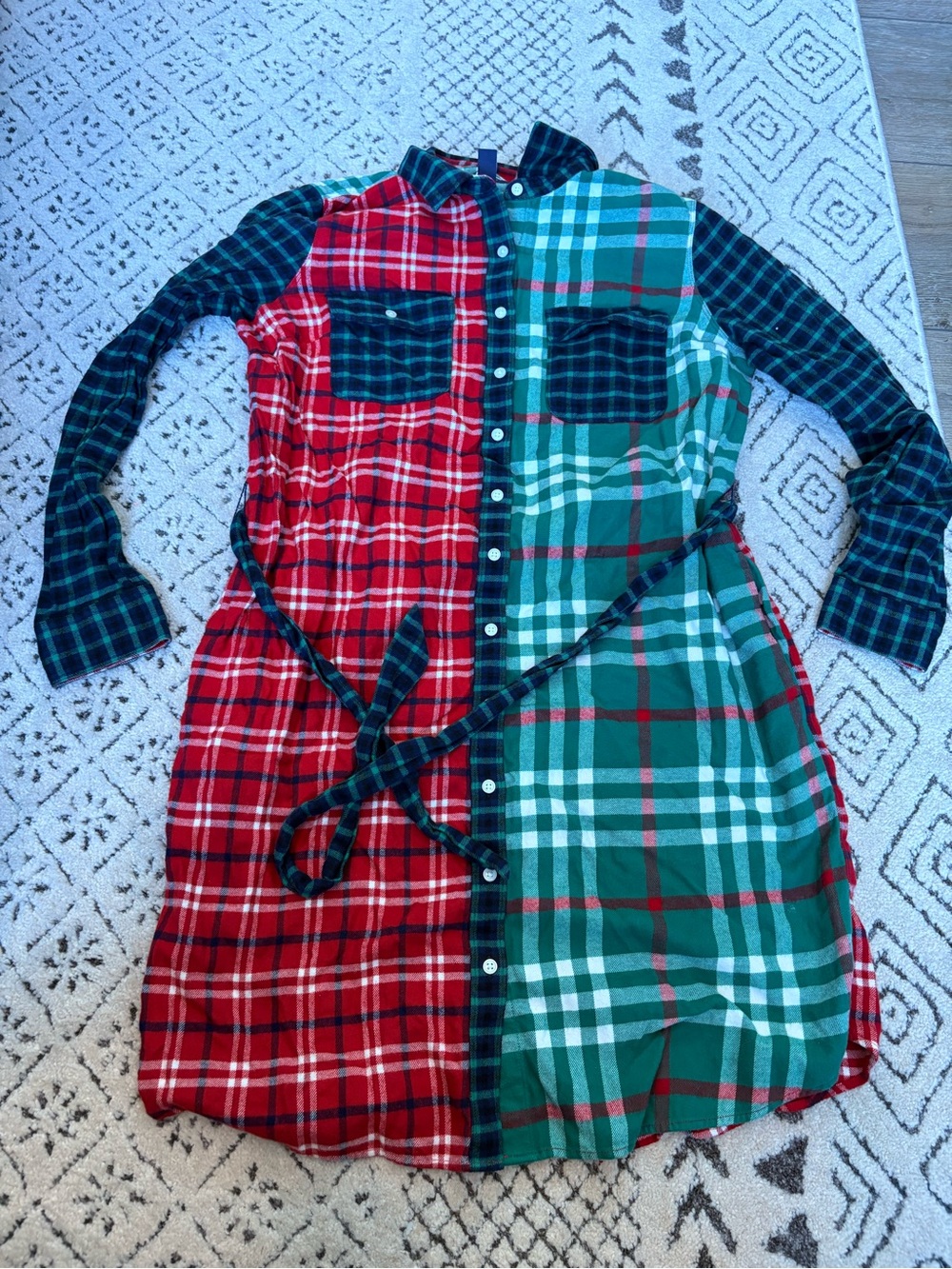 Lands' End Split Plaid Long-Sleeve Shirt Dress - Red & Green